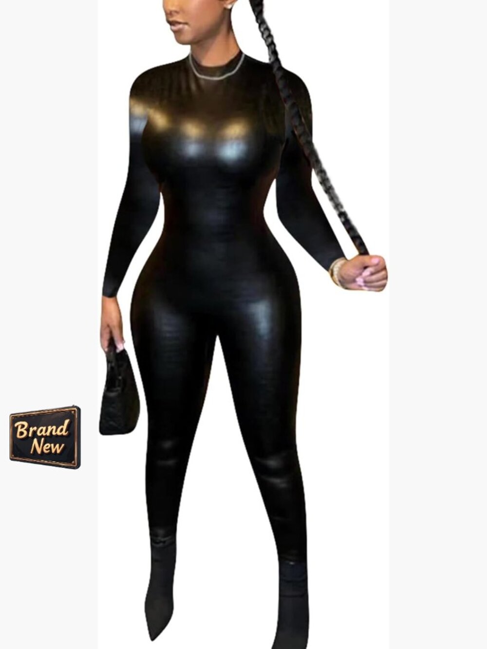 Long Sleeve Leather Jumpsuit Bodycon Fit Polyester Spandex Party Club Wear